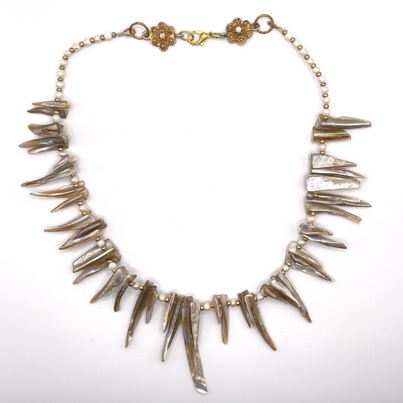 Statement Necklace Natural Shell Freshwater Pearl Czech Glass - Picture 4 of 16